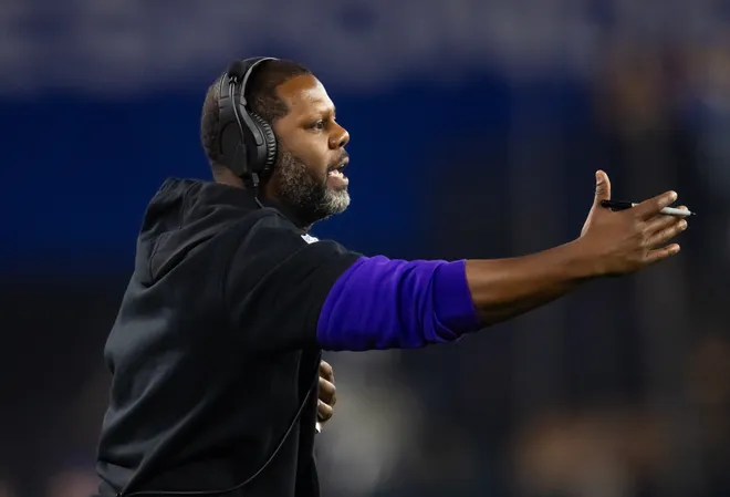 Jan 13, 2025; Glendale, AZ, USA; Minnesota Vikings defensive backs coach Daronte Jones against the Los Angeles Rams during an NFC wild card game at State Farm Stadium. Mandatory Credit: Mark J. Rebilas-Imagn Images