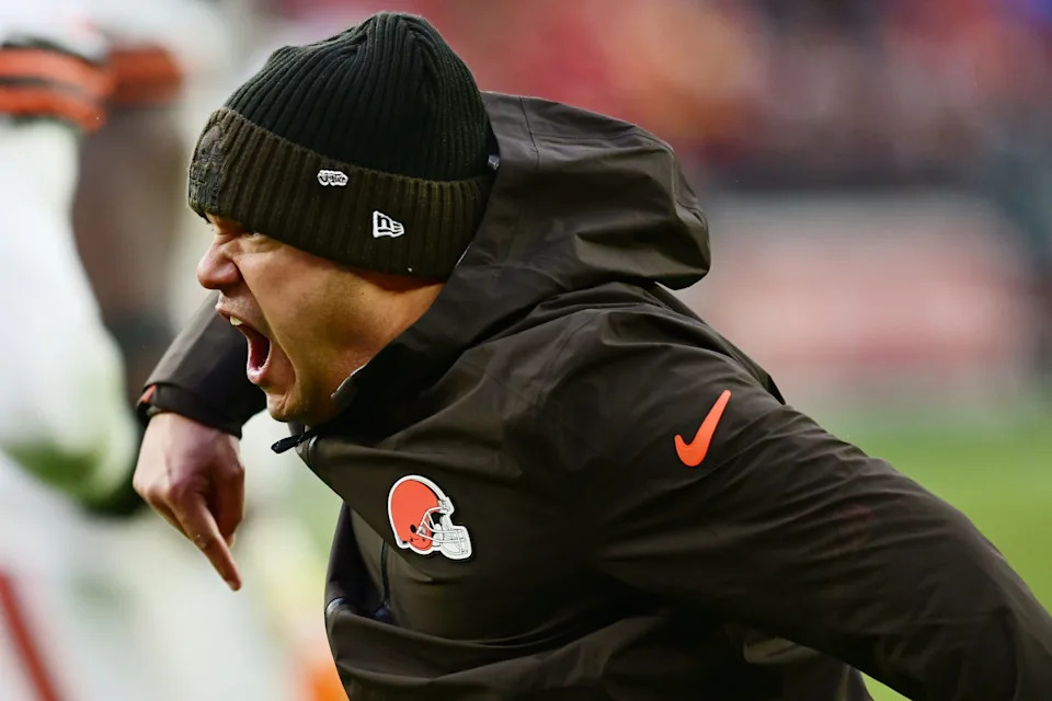 Dec 15, 2024; Cleveland, Ohio, USA; Cleveland Browns Safeties coach Ephraim Banda reacts after a play during the second half against the Kansas City Chiefs at Huntington Bank Field. Mandatory Credit: Ken Blaze-Imagn Images