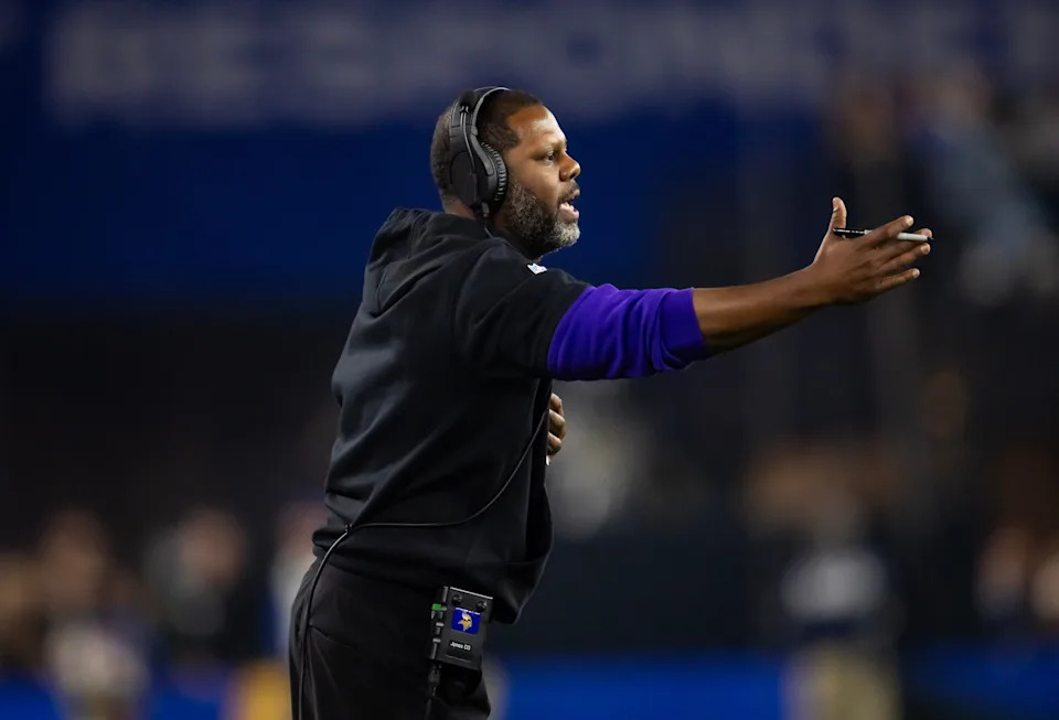 Jan 13, 2025; Glendale, AZ, USA; Minnesota Vikings defensive backs coach Daronte Jones against the Los Angeles Rams during an NFC wild card game at State Farm Stadium. Mandatory Credit: Mark J. Rebilas-Imagn Images