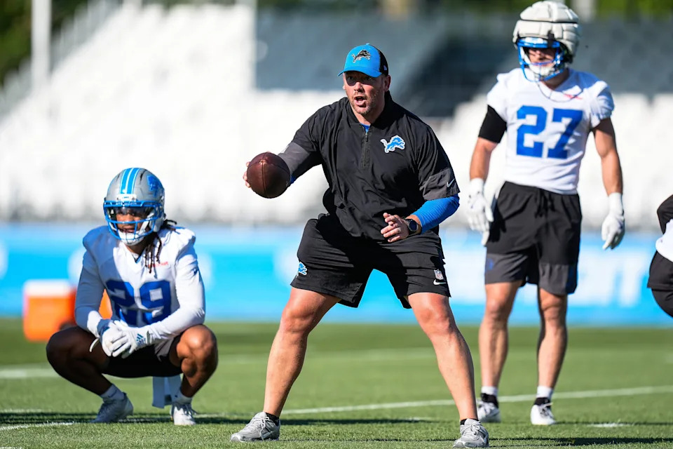 Detroit Lions safeties coach Jim O'Neil watches practice during training camp at Meijer Performance Center in Allen Park on Tuesday, July 22, 2025.
