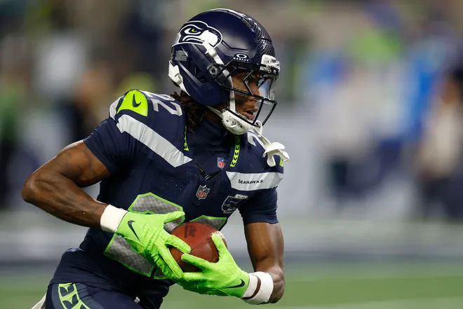 SEATTLE, WASHINGTON - JANUARY 17: Rashid Shaheed #22 of the Seattle Seahawks returns a kick off during the second quarter against the San Francisco 49ers in the NFC Divisional Playoff game at Lumen Field on January 17, 2026 in Seattle, Washington. (Photo by Harry How/Getty Images)