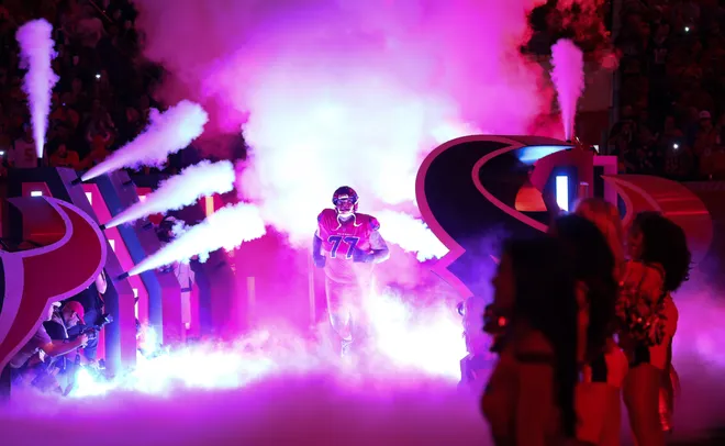 Nov 20, 2025; Houston, Texas, USA; Houston Texans offensive tackle Trent Brown (77) is introduced before playing against the Buffalo Bills at NRG Stadium. Mandatory Credit: Thomas Shea-Imagn Images
