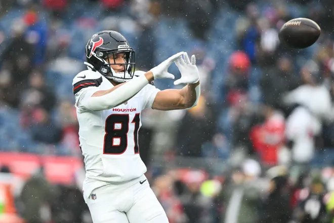 Jan 18, 2026; Foxborough, MA, USA; Houston Texans wide receiver Jayden Higgins (81) warms up before an AFC Divisional Round game against the New England Patriots at Gillette Stadium. Mandatory Credit: Brian Fluharty-Imagn Images