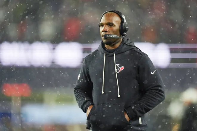 Jan 18, 2026; Foxborough, MA, USA; Houston Texans head coach DeMeco Ryans looks on during the second half against New England Patriots in an AFC Divisional Round game at Gillette Stadium. Mandatory Credit: David Butler II-Imagn Images