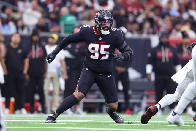 Dec 14, 2025; Houston, Texas, USA; Houston Texans defensive end Derek Barnett (95) in action during the game against the Arizona Cardinals at NRG Stadium. Mandatory Credit: Troy Taormina-Imagn Images
