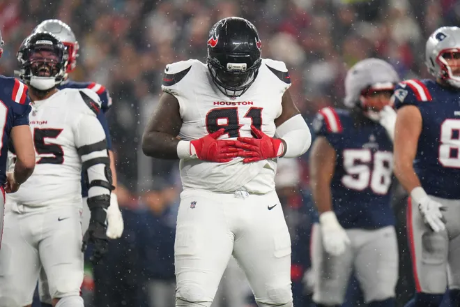 Jan 18, 2026; Foxborough, MA, USA; Houston Texans defensive tackle Naquan Jones (91) reacts after a defensive stop in the third quarter against the New England Patriots in an AFC Divisional Round game at Gillette Stadium. Mandatory Credit: David Butler II-Imagn Images