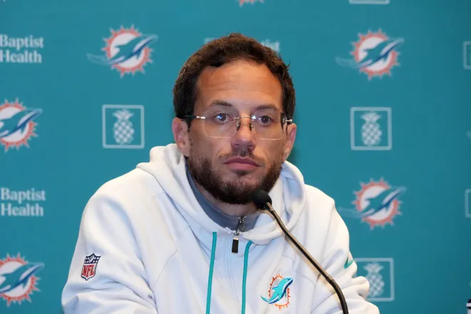 Nov 12, 2025; Madrid, Spain; Miami Dolphins head coach Mike McDaniel at press conference at Estadio Riyadh Air Metropolitano. Mandatory Credit: Kirby Lee-Imagn Images
