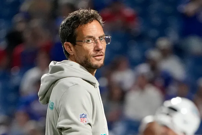 Sep 18, 2025; Orchard Park, New York, USA; Miami Dolphins head coach Mike McDaniel looks on before the game against the Buffalo Bills at Highmark Stadium. Mandatory Credit: Gregory Fisher-Imagn Images
