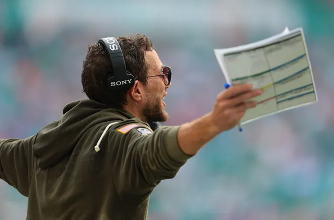 Nov 9, 2025; Miami Gardens, Florida, USA; Miami Dolphins head coach Mike McDaniel during the second half against the Buffalo Bills at Hard Rock Stadium. Mandatory Credit: Sam Navarro-Imagn Images