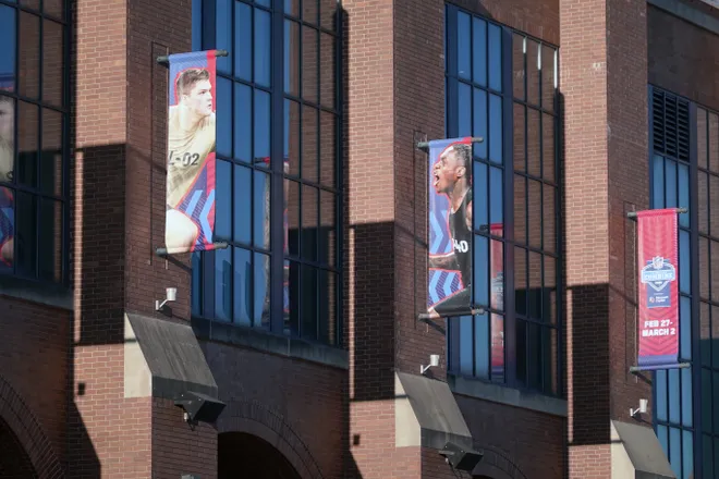 Mar 2, 2025; Indianapolis, IN, USA; NFL Scouting Combine banners at Lucas Oil Stadium. Mandatory Credit: Kirby Lee-Imagn Images
