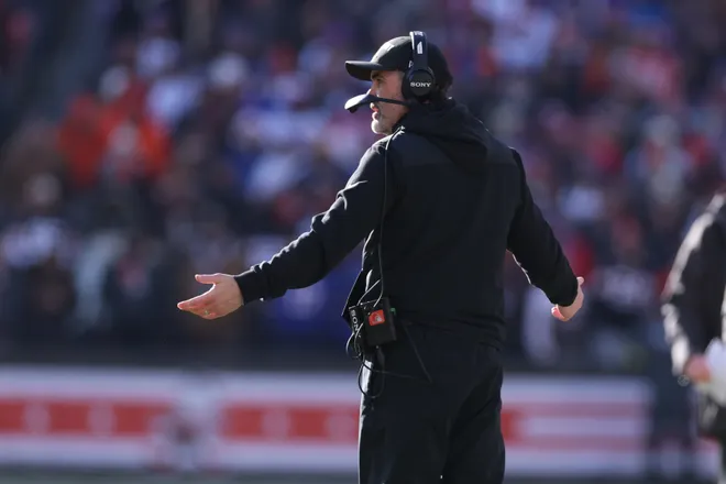 Dec 21, 2025; Cleveland, Ohio, USA; Cleveland Browns head coach Kevin Stefanski reacts on the sidelines against the Buffalo Bills during the first half at Huntington Bank Field. Mandatory Credit: Scott Galvin-Imagn Images
