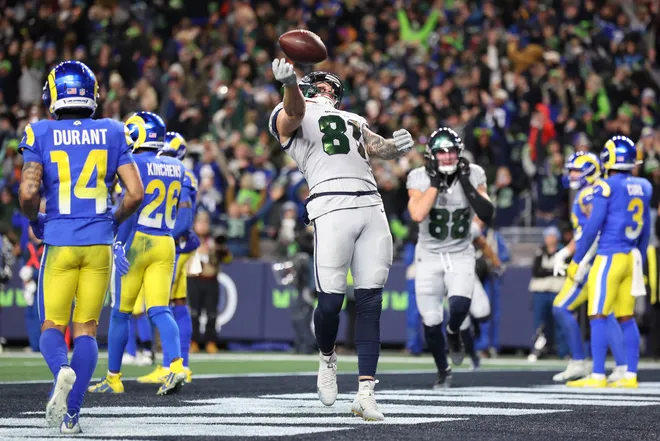 Eric Saubert of the Seattle Seahawks celebrates after scoring the game-winning two point conversion to beat the Los Angeles Rams.