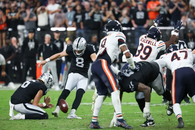 Sep 28, 2025; Paradise, Nevada, USA; Las Vegas Raiders kicker Daniel Carlson (8) attempts a field goal kick during the second half against the Chicago Bears at Allegiant Stadium. Mandatory Credit: Kiyoshi Mio-Imagn Images