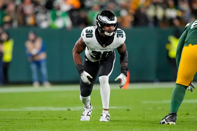 Nov 10, 2025; Green Bay, Wisconsin, USA; Philadelphia Eagles linebacker Jihaad Campbell (30) during the game against the Green Bay Packers at Lambeau Field. Mandatory Credit: Jeff Hanisch-Imagn Images