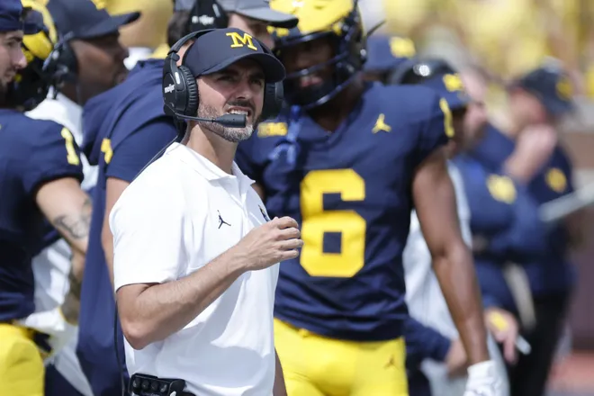 Sep 2, 2023; Ann Arbor, Michigan, USA; Michigan interim head coach Jesse Minter on the sideline in the second half against the East Carolina Pirates at Michigan Stadium. Mandatory Credit: Rick Osentoski-USA TODAY Sports