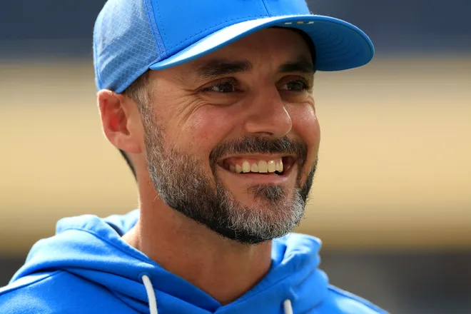 INGLEWOOD, CALIFORNIA - OCTOBER 19: Defensive coordinator Jesse Minter of the Los Angeles Chargers looks on before the game against the Indianapolis Colts at SoFi Stadium on October 19, 2025 in Inglewood, California. (Photo by Luke Hales/Getty Images)