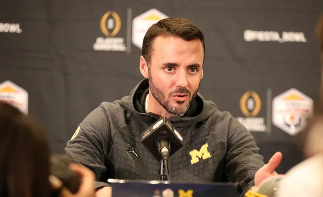 Michigan defensive coordinator Jesse Minter talks with reporters about the Fiesta Bowl against TCU on Wednesday, Dec. 28, 2022, in Scottsdale, Arizona.
Michfiesta1 122822 Kd 597