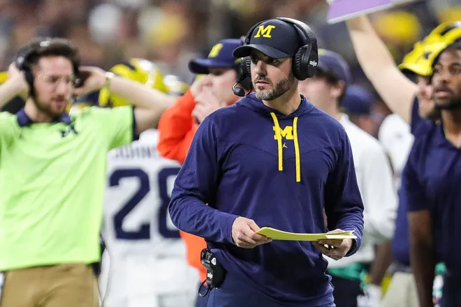 Michigan defensive coordinator Jesse Minter watches a play against Iowa during the first half of the Big Ten championship game at Lucas Oil Stadium in Indianapolis, Ind. on Saturday, Dec. 2, 2023.