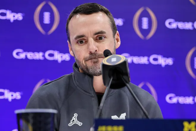 Jan 6, 2024; Houston, TX, USA; Michigan Wolverines defensive coordinator Jesse Minter talks to the media during media day before the College Football Playoff national championship game against the Washington Huskies at George R Brown Convention Center. Mandatory Credit: Troy Taormina-USA TODAY Sports