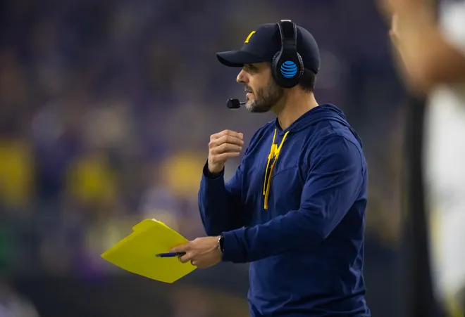 Jan 8, 2024; Houston, TX, USA; Michigan Wolverines defensive coordinator Jesse Minter against the Washington Huskies during the 2024 College Football Playoff national championship game at NRG Stadium. Mandatory Credit: Mark J. Rebilas-USA TODAY Sports
