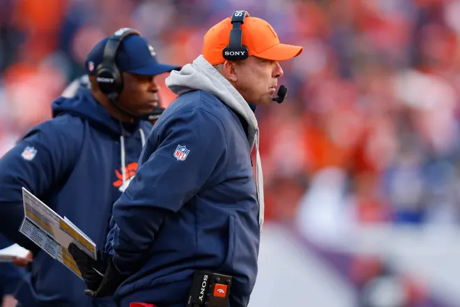 DENVER, COLORADO - JANUARY 17: Head coach Sean Payton of the Denver Broncos looks on against the Buffalo Bills during the first quarter in the AFC Divisional Playoff game at Empower Field At Mile High on January 17, 2026 in Denver, Colorado. (Photo by Justin Edmonds/Getty Images)