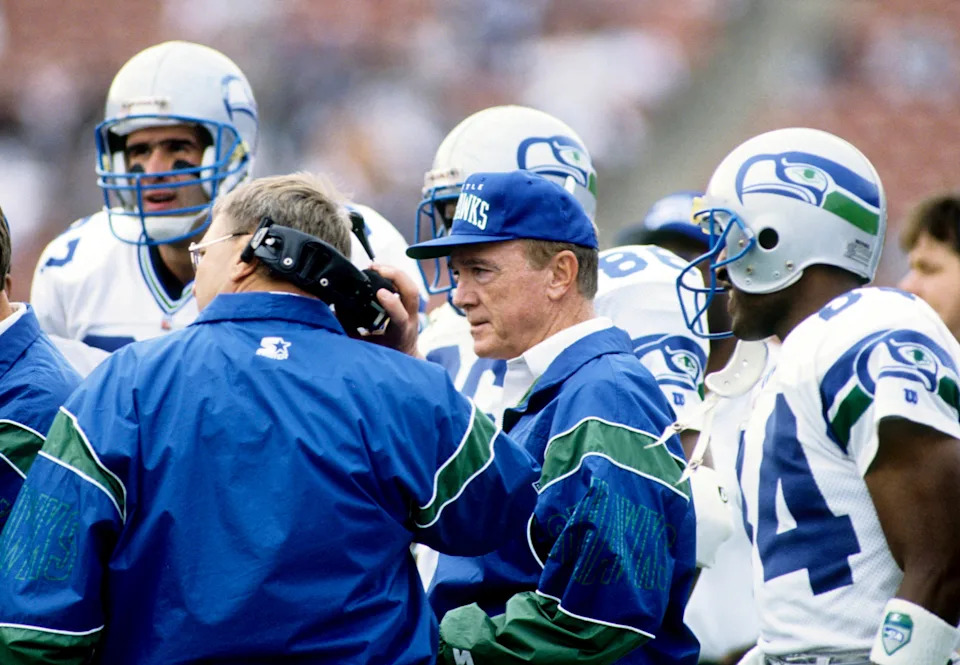 Seattle Seahawks head coach Chuck Knox on the sideline against the Los Angeles Raiders at Los Angeles Memorial Coliseum.