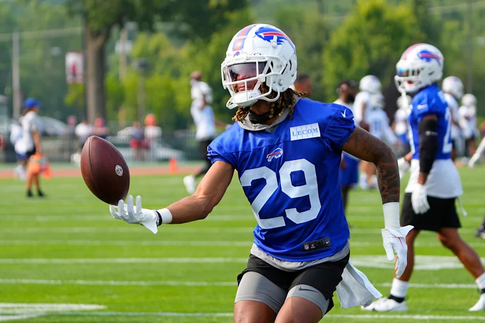 Jul 26, 2023; Rochester, NY, USA; Buffalo Bills cornerback Alex Austin (29) participates in drills in on the field during training camp at St. John Fisher College. Mandatory Credit: Gregory Fisher-USA TODAY Sports