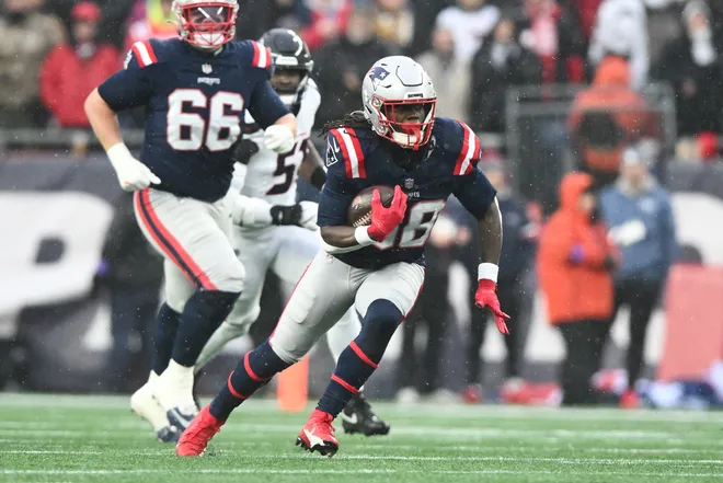 Jan 18, 2026; Foxborough, MA, USA; New England Patriots running back Rhamondre Stevenson (38) moves with the ball in the first quarter in an AFC Divisional Round game against the Houston Texans at Gillette Stadium. Mandatory Credit: Brian Fluharty-Imagn Images