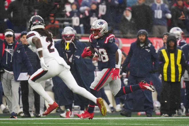 Jan 18, 2026; Foxborough, MA, USA; New England Patriots running back Rhamondre Stevenson (38) moves with the ball in the first quarter in an AFC Divisional Round game against the Houston Texans at Gillette Stadium. Mandatory Credit: David Butler II-Imagn Images
