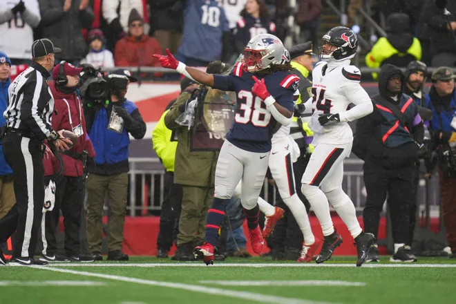 Jan 18, 2026; Foxborough, MA, USA; New England Patriots running back Rhamondre Stevenson (38) reacts in the first quarter in an AFC Divisional Round game against the Houston Texans at Gillette Stadium. Mandatory Credit: David Butler II-Imagn Images