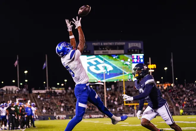 Nov 1, 2024; East Hartford, Connecticut, USA; Georgia State Panthers wide receiver Ted Hurst (16) makes a touchdown catch against the Connecticut Huskies in the second quarter at Rentschler Field at Pratt & Whitney Stadium. Mandatory Credit: David Butler II-Imagn Images
