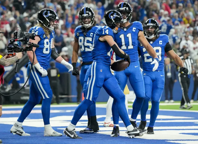 Indianapolis Colts wide receiver Alec Pierce (14) celebrates a touchdown Monday, Dec. 22, 2025, during a game against the San Francisco 49ers at Lucas Oil Stadium in Indianapolis.