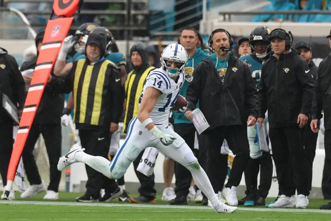 Dec 7, 2025; Jacksonville, Florida, USA; Indianapolis Colts wide receiver Alec Pierce (14) runs after the catch against the Jacksonville Jaguars during the first half at EverBank Stadium. Mandatory Credit: Matt Pendleton-Imagn Images