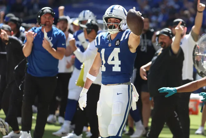 Sep 7, 2025; Indianapolis, Indiana, USA; Indianapolis Colts wide receiver Alec Pierce (14) celebrates after making a catch during the second half against the Miami Dolphins at Lucas Oil Stadium. Mandatory Credit: Trevor Ruszkowski-Imagn Images