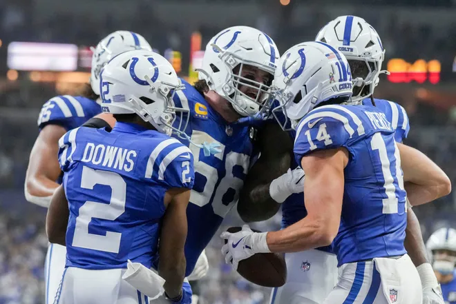 Indianapolis Colts wide receiver Alec Pierce (14) celebrates with his teammates after making a catch for a touchdown Sunday, Nov. 30, 2025, during a game against the Houston Texans at Lucas Oil Stadium in Indianapolis.