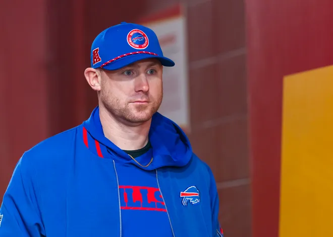 Jan 26, 2025; Kansas City, MO, USA; Buffalo Bills offensive coordinator Joe Brady against the Kansas City Chiefs during the AFC Championship game at GEHA Field at Arrowhead Stadium. Mandatory Credit: Mark J. Rebilas-Imagn Images