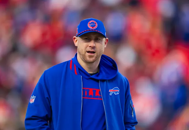 Jan 26, 2025; Kansas City, MO, USA; Buffalo Bills offensive coordinator Joe Brady against the Kansas City Chiefs during the AFC Championship game at GEHA Field at Arrowhead Stadium. Mandatory Credit: Mark J. Rebilas-Imagn Images