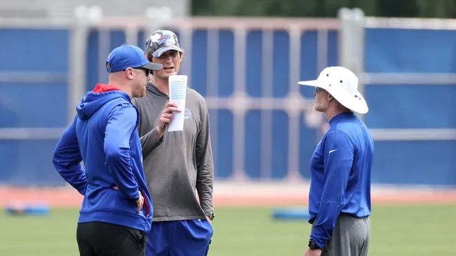 Bills offensive coordinator Ken Dorsey (center) with head coach Sean McDermott and quarterbacks coach Joe Brady (left) during minicamp.