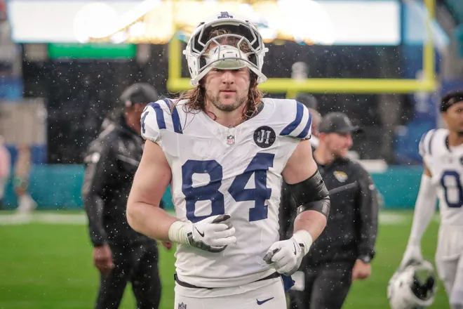 Dec 7, 2025; Jacksonville, Florida, USA;Indianapolis Colts tight end Tyler Warren (84) leaves the field after a loss to the Jacksonville Jaguarsat EverBank Stadium. Mandatory Credit: Travis Register-Imagn Images
