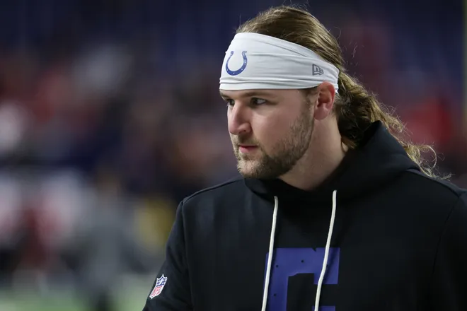 Dec 22, 2025; Indianapolis, Indiana, USA; Indianapolis Colts tight end Tyler Warren (84) looks on during warmups before the game against the San Francisco 49ers at Lucas Oil Stadium. Mandatory Credit: Trevor Ruszkowski-Imagn Images