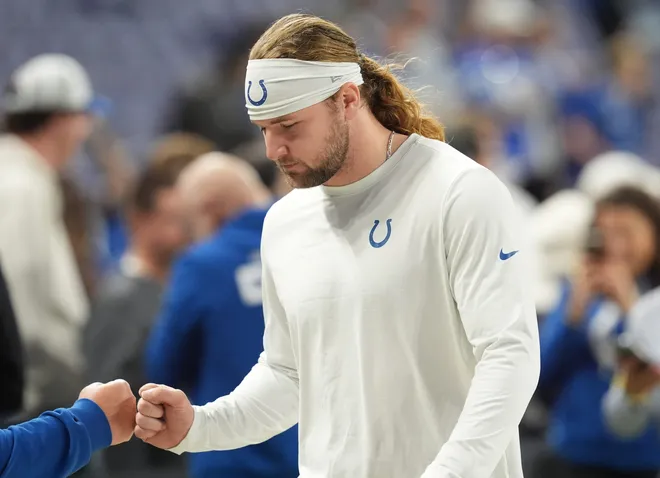 Indianapolis Colts tight end Tyler Warren (84) makes his way into the locker room Sunday, Dec. 28, 2025, ahead of a game against the Jacksonville Jaguars at Lucas Oil Stadium in Indianapolis.