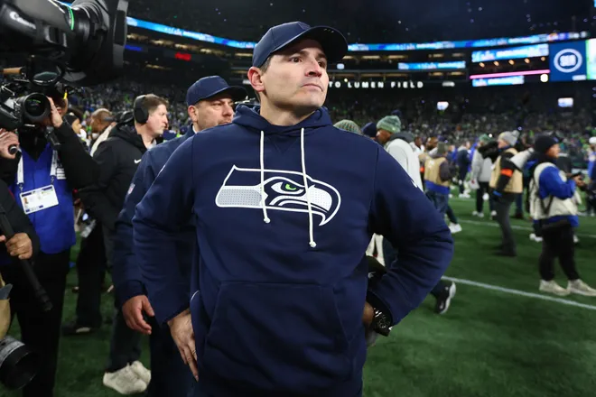 Seattle Seahawks head coach Mike Macdonald looks on after defeating the Los Angeles Rams in the 2026 NFC Championship Game at Lumen Field.