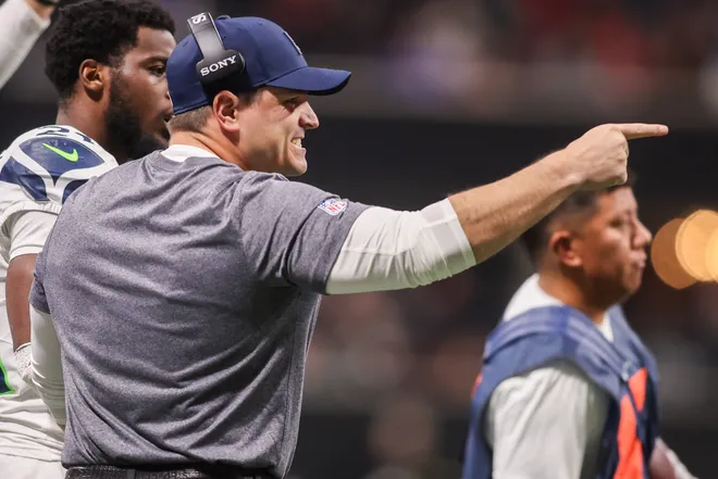 Seattle Seahawks head coach Mike MacDonald on the sideline against the Atlanta Falcons.