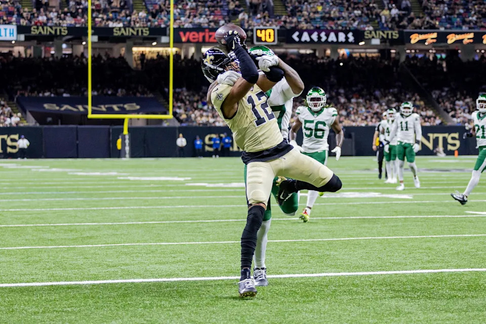New Orleans Saints wide receiver Chris Olave (12) is a pass blocker by the New York Jets during the first half at Caesars Superdome. <br>Stephen Lew-Imagn Images