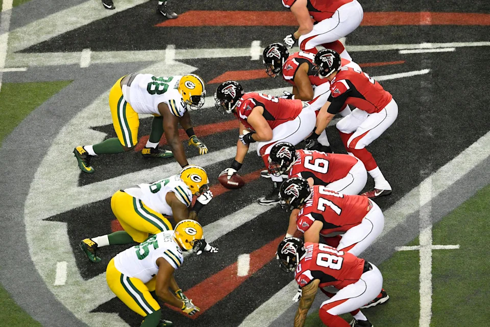View of the line of scrimmage during the first quarter between the Atlanta Falcons and the Green Bay Packers in the 2017 NFC championship game.
