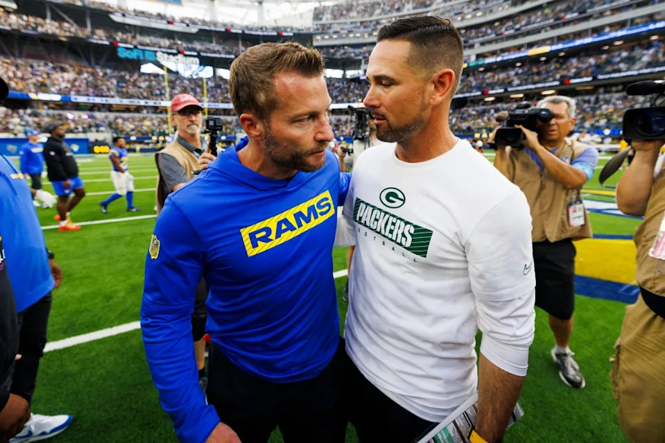 Head coach Sean McVay of the Los Angeles Rams hugs head coach Matt LaFleur of the Green Bay Packers after their game at SoFi Stadium on October 6, 2024 in Inglewood, California. Getty Images