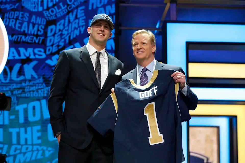Jared Goff poses with NFL commissioner Roger Goodell after being selected No. 1 overall by the Rams in the 2016 NFL draft.