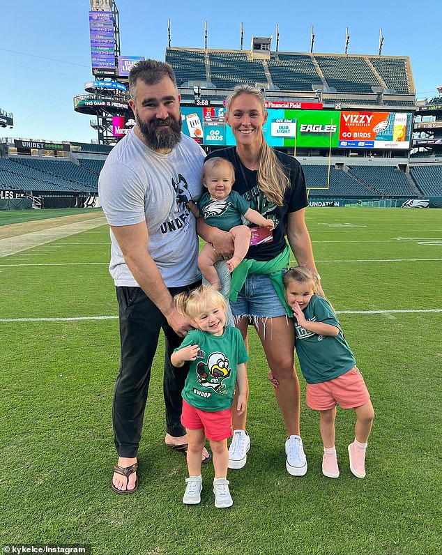 Jason and Kylie Kelce are seen with their three eldest daughters: Wyatt, Elliotte and Bennett