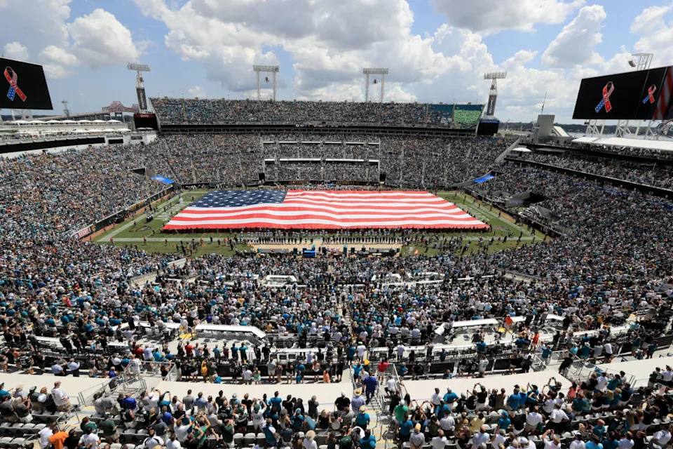 JACKSONVILLE, FL - SEPTEMBER 11: A general view of the field during pregame ceremonies prior to the Jacksonville Jaguars vs. Green Bay Packers game at EverBank Field on September 11, 2016 in Jacksonville, Florida. (Photo by Sam Greenwood/Getty Images)