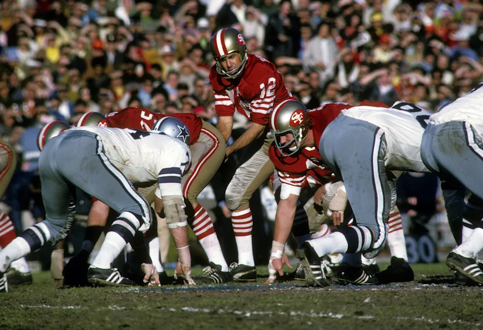 San Francisco 49ers quarterback John Brodie in action against the Dallas Cowboys during the 1970 NFC championship game at Kezar Stadium.